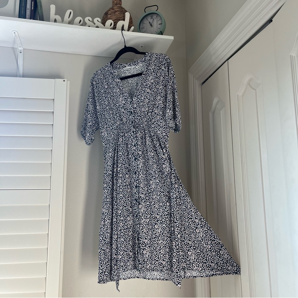 Floral Navy Blue and White Midi Dress